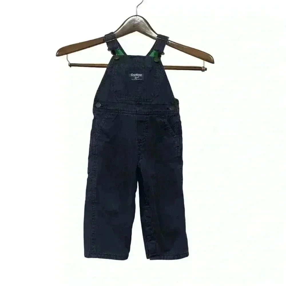 OshKosh B'gosh Boy's Size 18 Months Navy Blue Overalls Green Fleece Lined